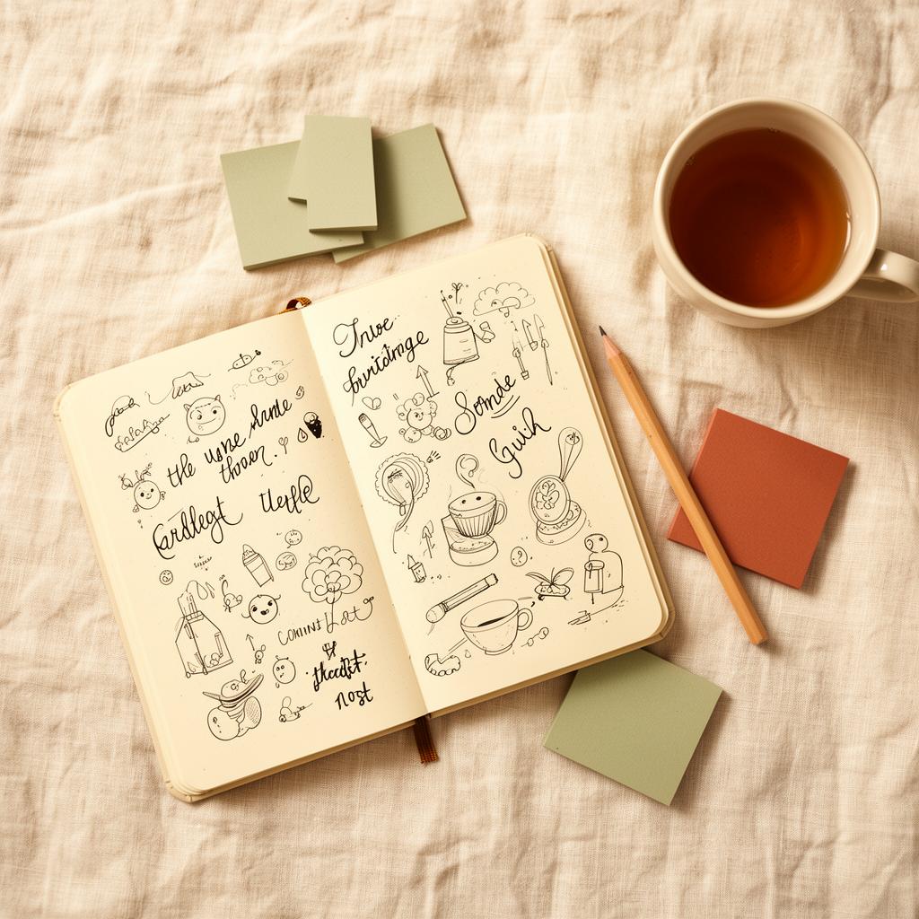 A notebook with handwritten doodles, sticky notes and a cup of tea