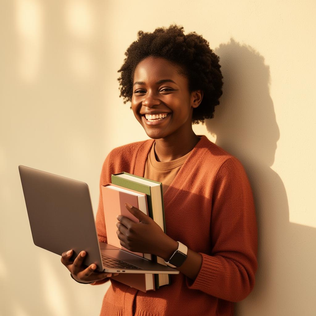 A smiling student holding books and a laptop